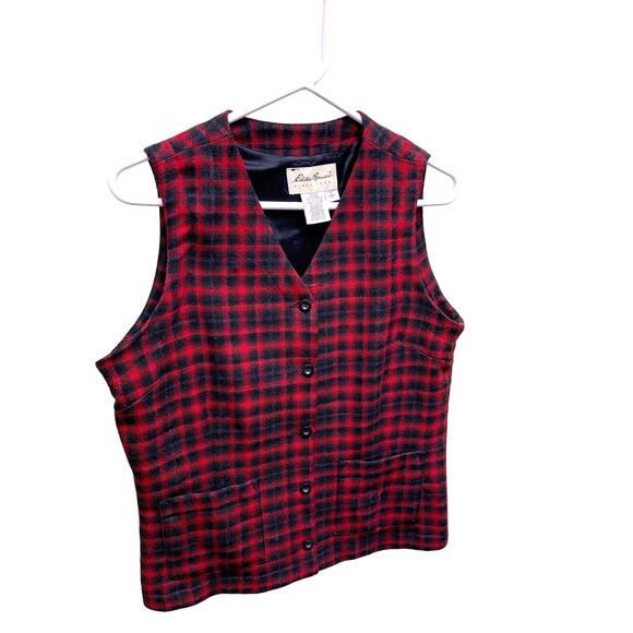 Womens Eddie Bauer 100% Wool Red Black Plaid Vest Size S Dark Academia - Picture 2 of 6